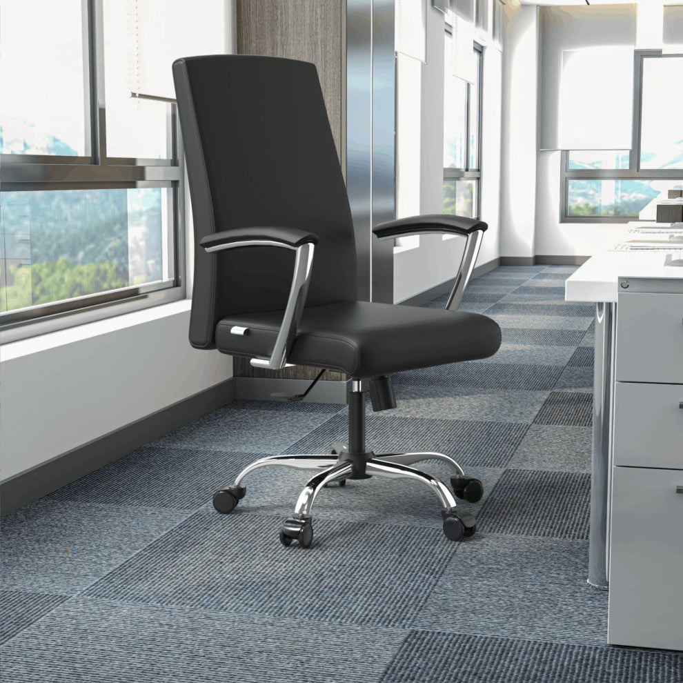 LeisureMod Evander Swivel Office Chair in Leather With Silver Frame, Black