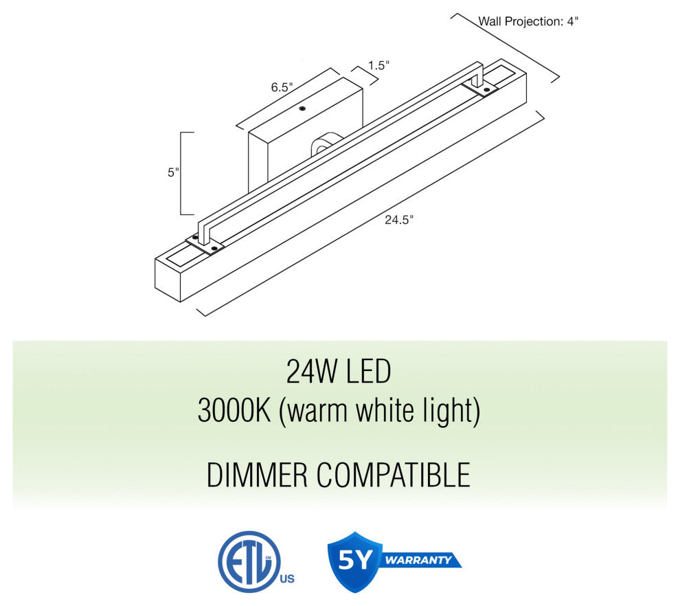 Kira Home Felix 25" Integrated LED (24W) / Bathroom Light, Linear Design, 3000k