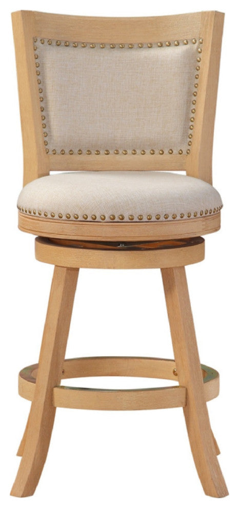 Benzara BM274283 Swivel Counter Stool, Curved Panel Back, Brass Nailhead, Ivory