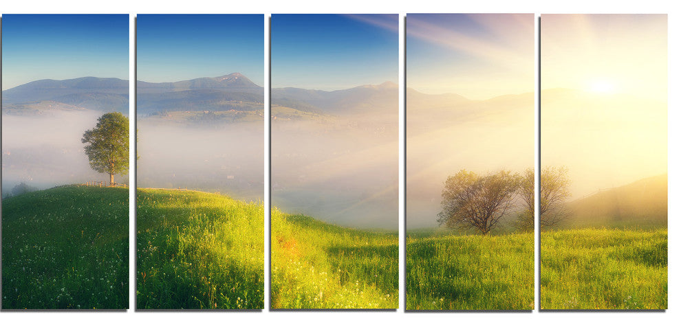 Morning Mist over Mountain Village, Landscape Canvas Print, 60"x28", 5 Panels