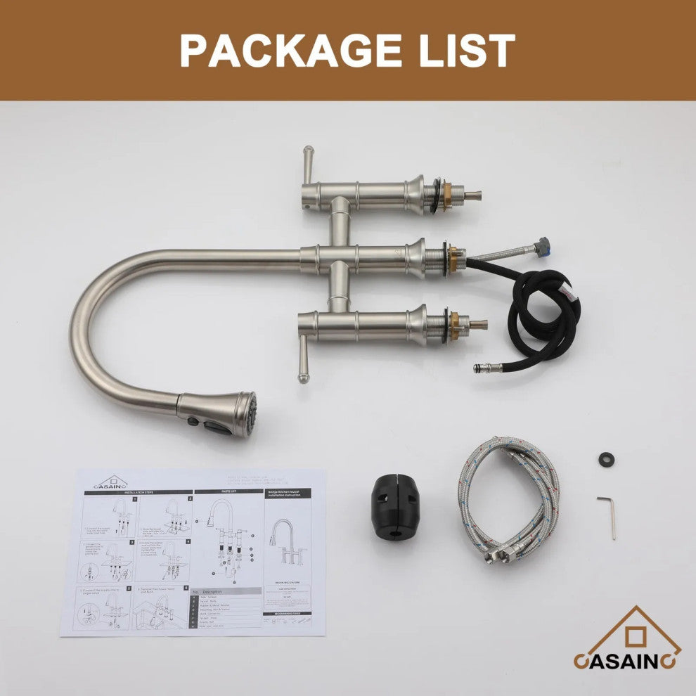 CASAINC Kitchen Faucet Centerset Bridge 3-Function 2-Handle Pull-Down Spray, Brushed Nickel