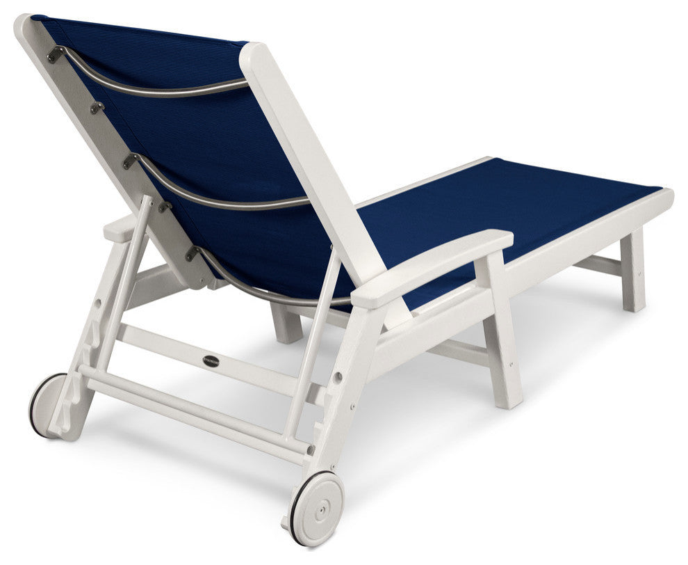 Coastal Chaise With Wheels, White / Navy Blue Sling