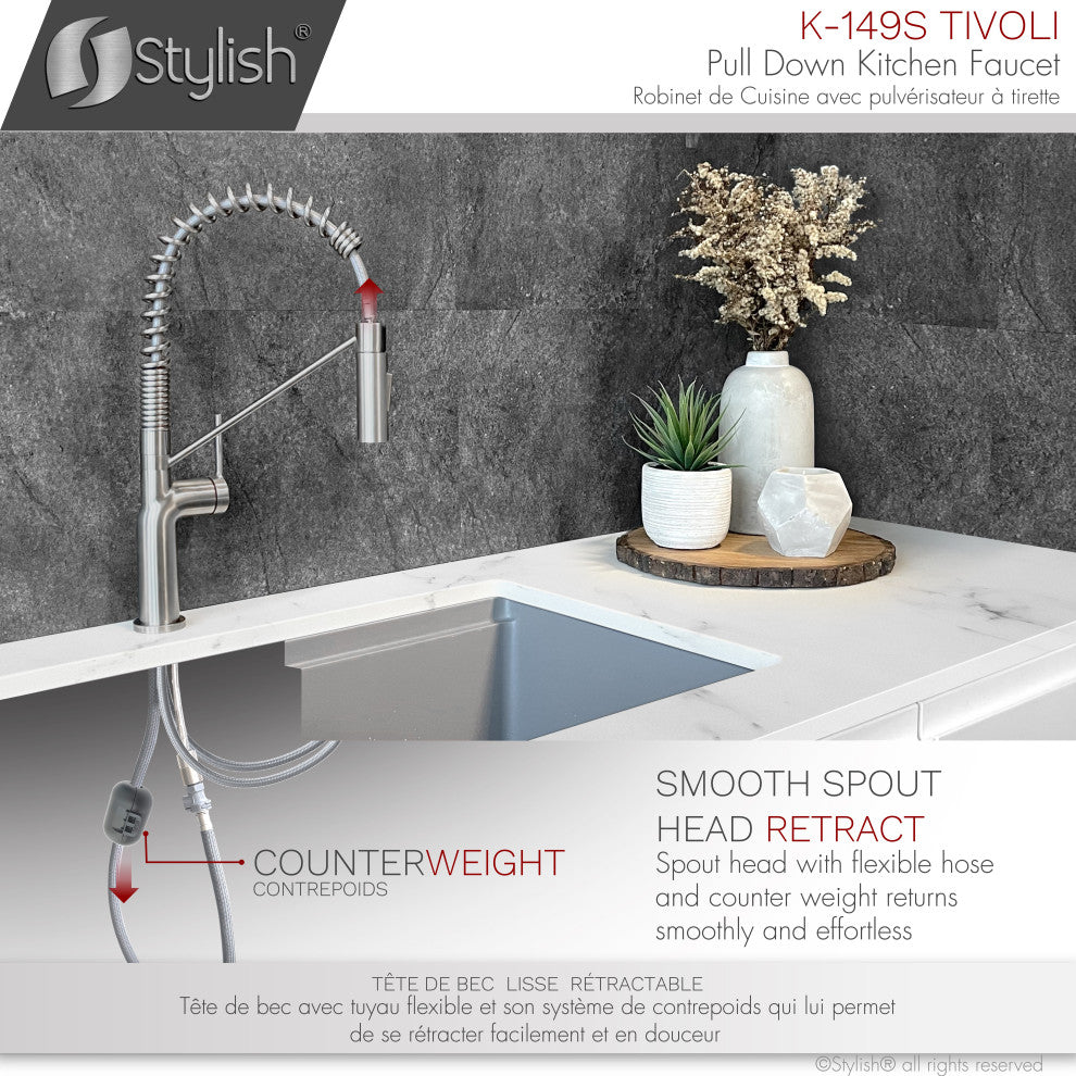 STYLISH Single Handle Pull-Down Dual Mode Kitchen Faucet Stainless Steel Brushed