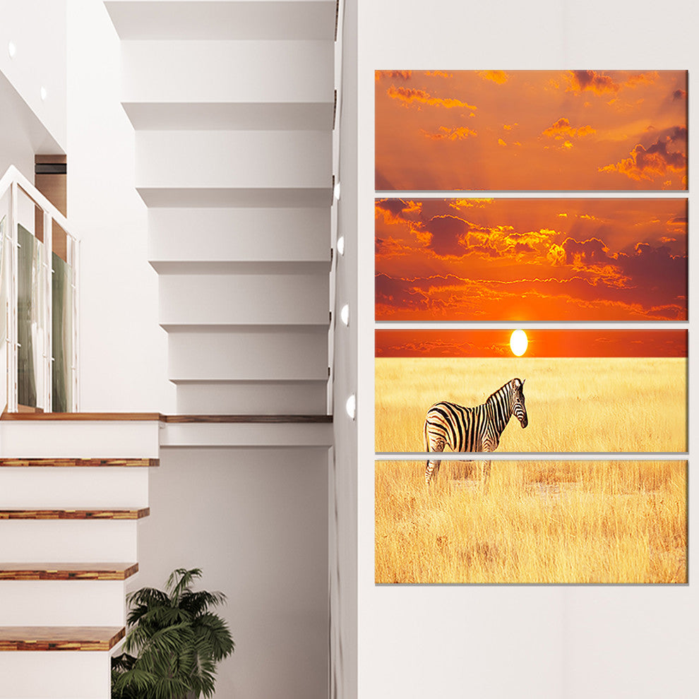 Scenic African View with Zebra, Landscape Canvas Art, 28"x48", 4 Panels