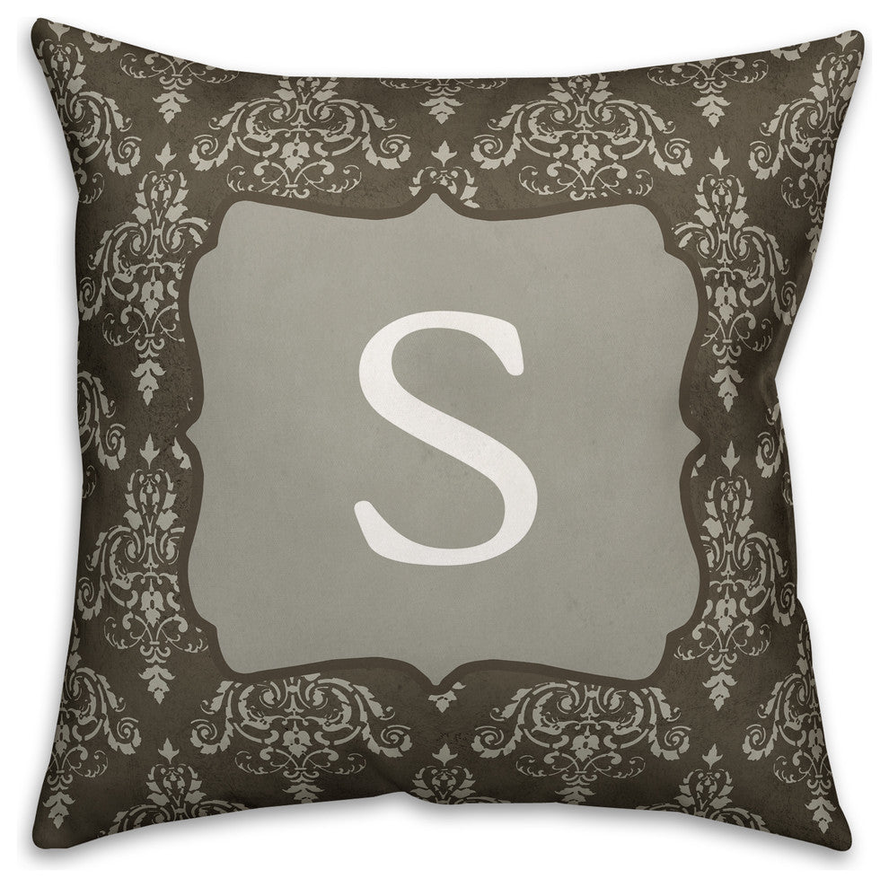 S Dark Gray Damask Monogram Spun Poly Pillow, 18x18