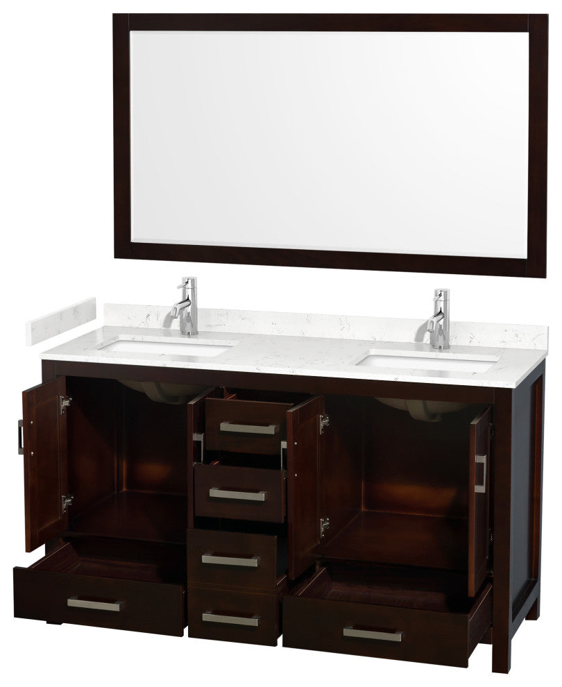 60"DBL Vanity Espresso, Carrara Cult. Marble Countertop, Sinks, 58"Mirror