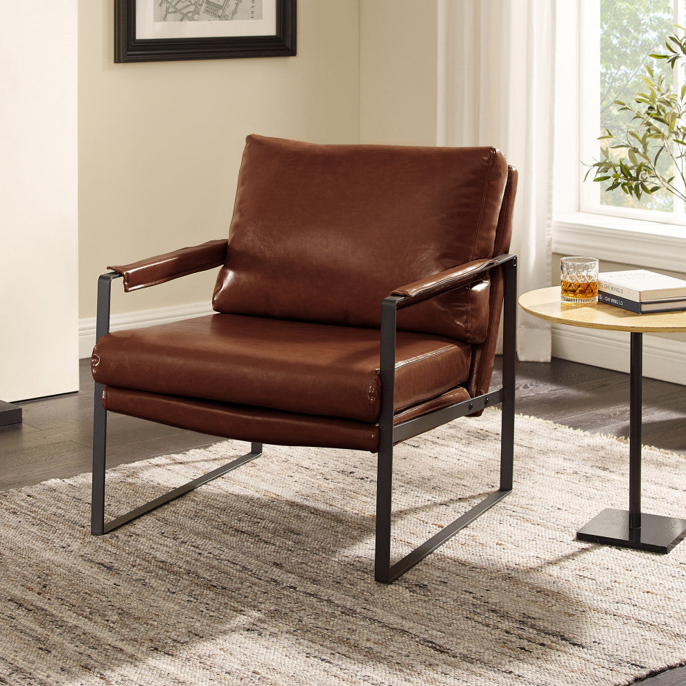 Mid Century Modern Faux Leather Accent Armchair, Dark Brown