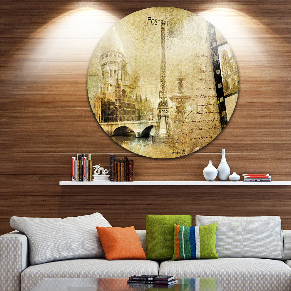 Paris Memories, Vintage Contemporary Large Disc Metal Wall Art, 36"