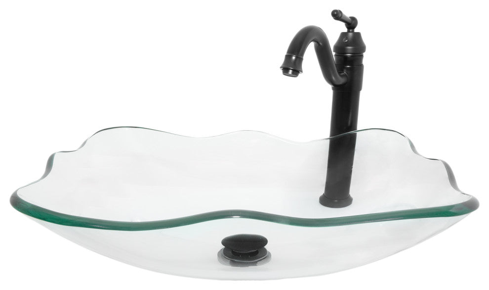 Clear Scalloped Tempered Glass Vessel Bathroom Sink with Faucet and Drain, Matte Black