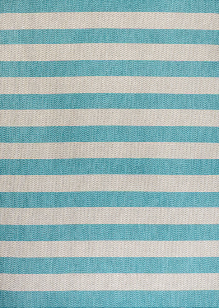 Negril Two-Tone Wide Stripe Indoor/Outdoor Area Rug, Aqua/Cream, 8x10