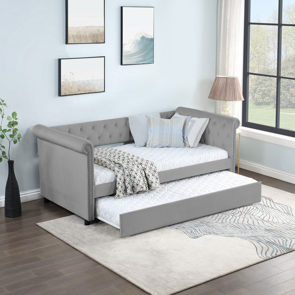 Gewnee Twin Size Upholstered Daybed with Trundle,Gray