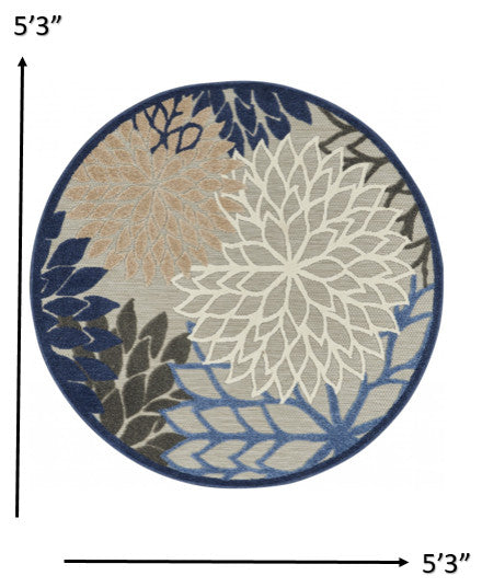 5' Round Blue And Gray Round Floral Indoor Outdoor Area Rug