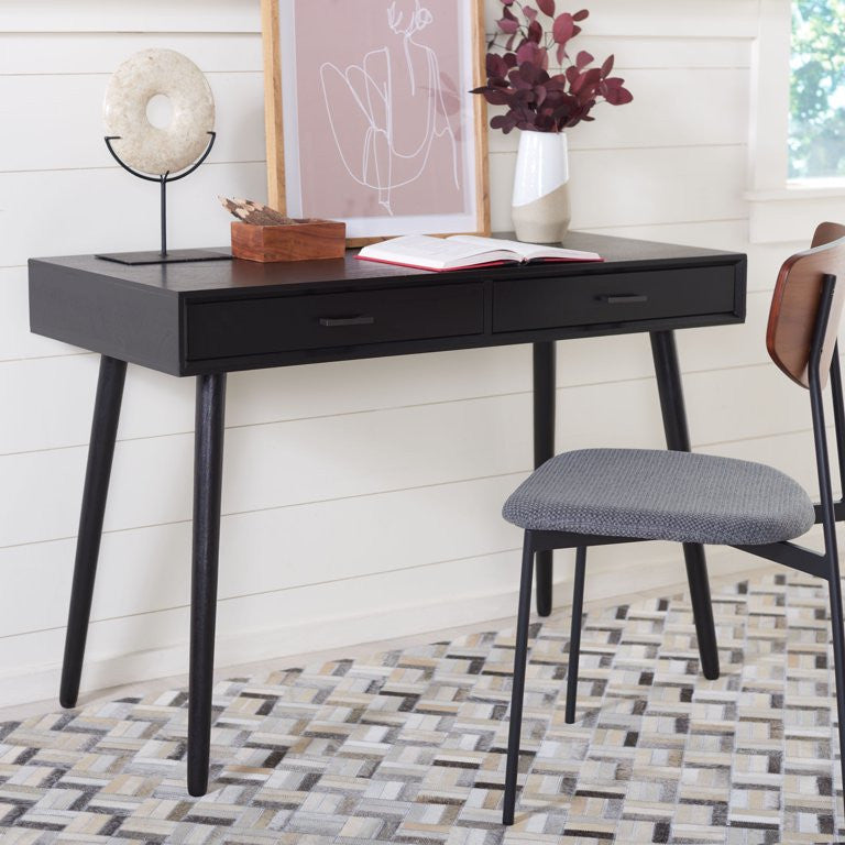 Contemporary Desk, Slim Angled Legs & 2 Drawers With Metal Pulls Handles, Black