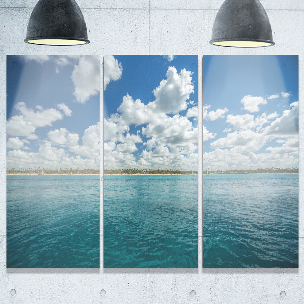 "White Fluffy Clouds Over Sea" Oversized Beach Metal Wall Art, 3 Panels, 36"x28"