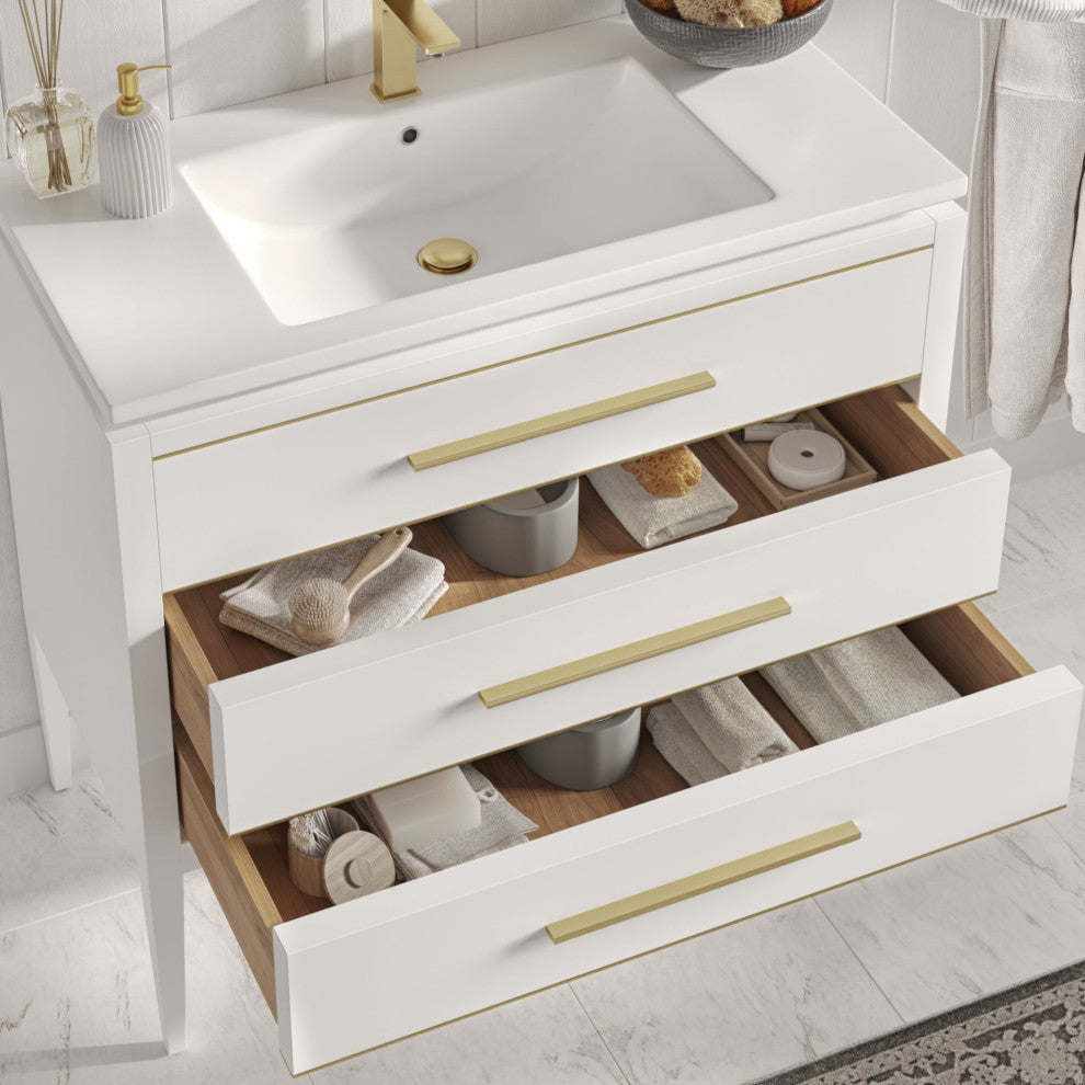Celios Bathroom Vanity, White With Brass Trim, 36", Single Sink, Freestanding