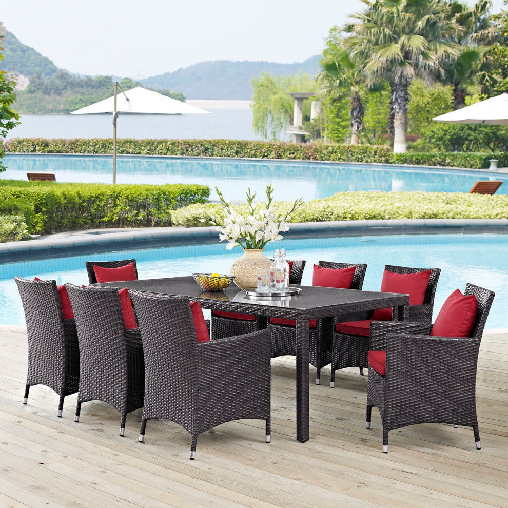 9 Piece Outdoor Dining Set, Faux Wicker Rattan, Red