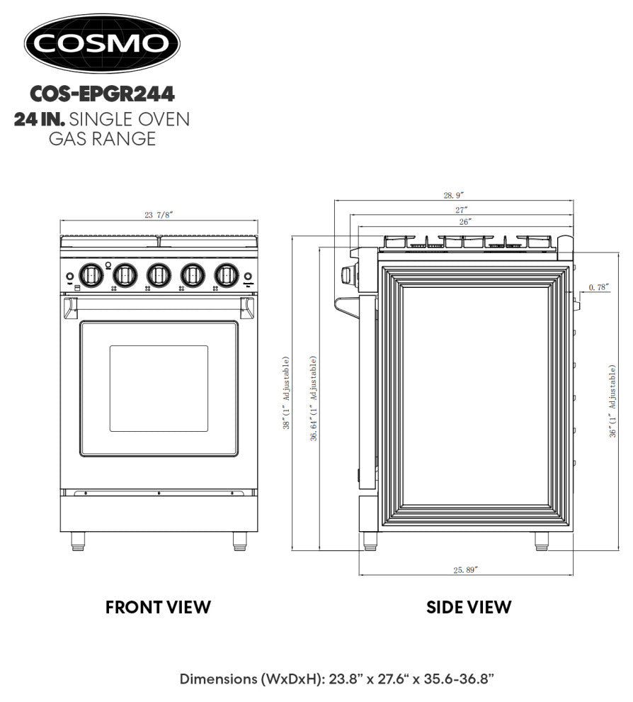 24" Slide-In Freestanding Gas Range With 4 Sealed Burners, Cast Iron Grates