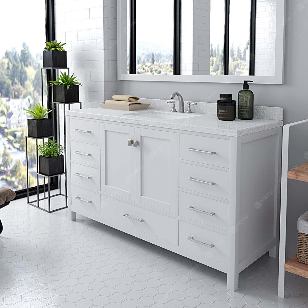 Caroline Avenue 60" Single Bath Vanity, White w White Quartz Top and Square Sink