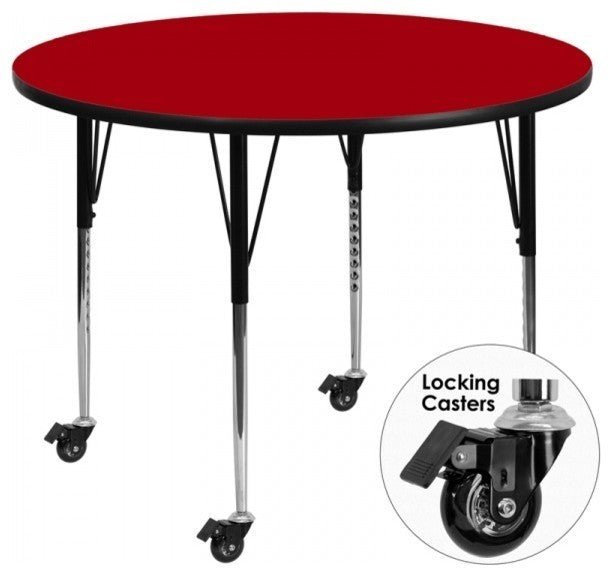 Mobile 60'' Round Red Thermal Laminate Activity Table-Adjustable Legs