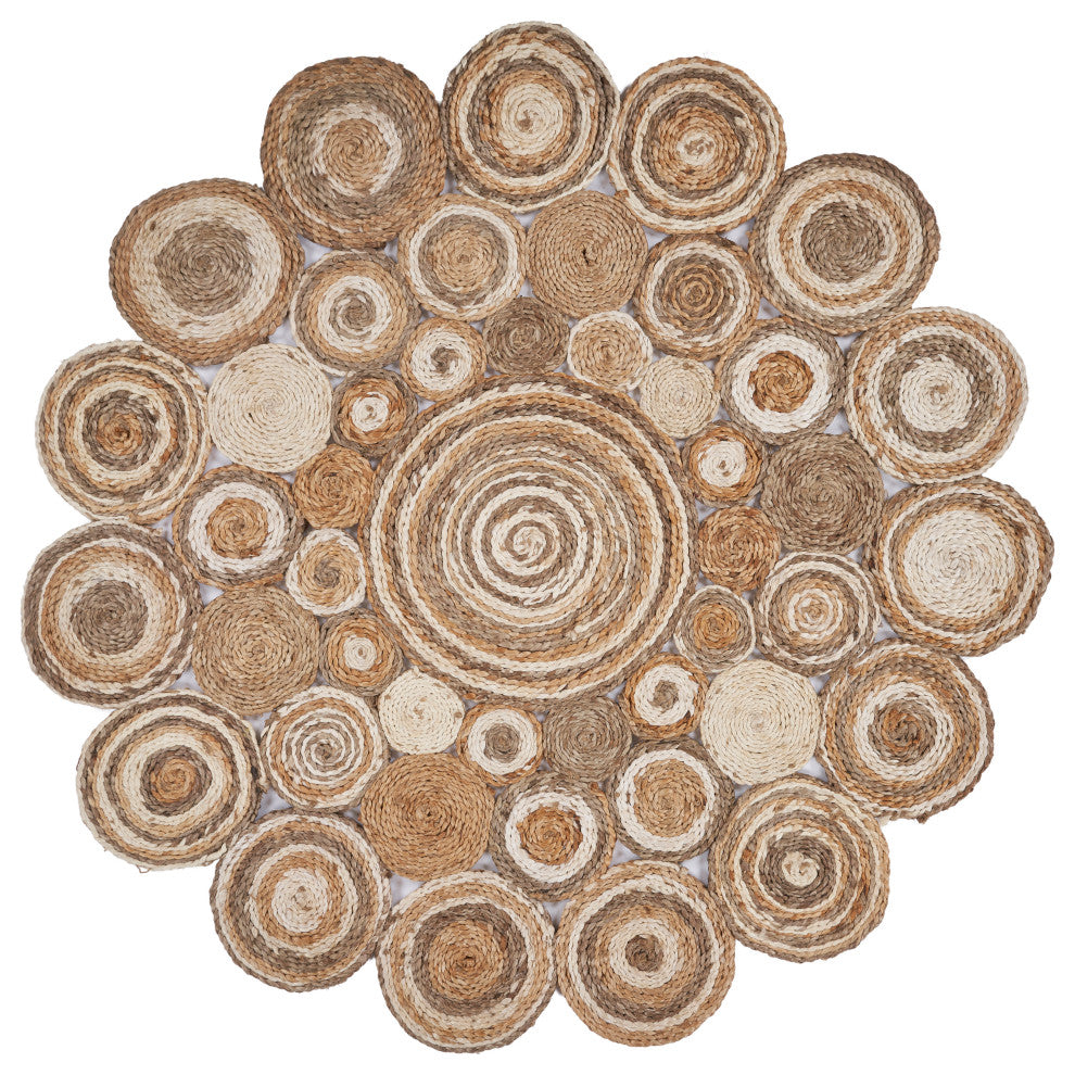 Multi-toned Intricate Circle Organic Jute Area Rug, 7'6" Round