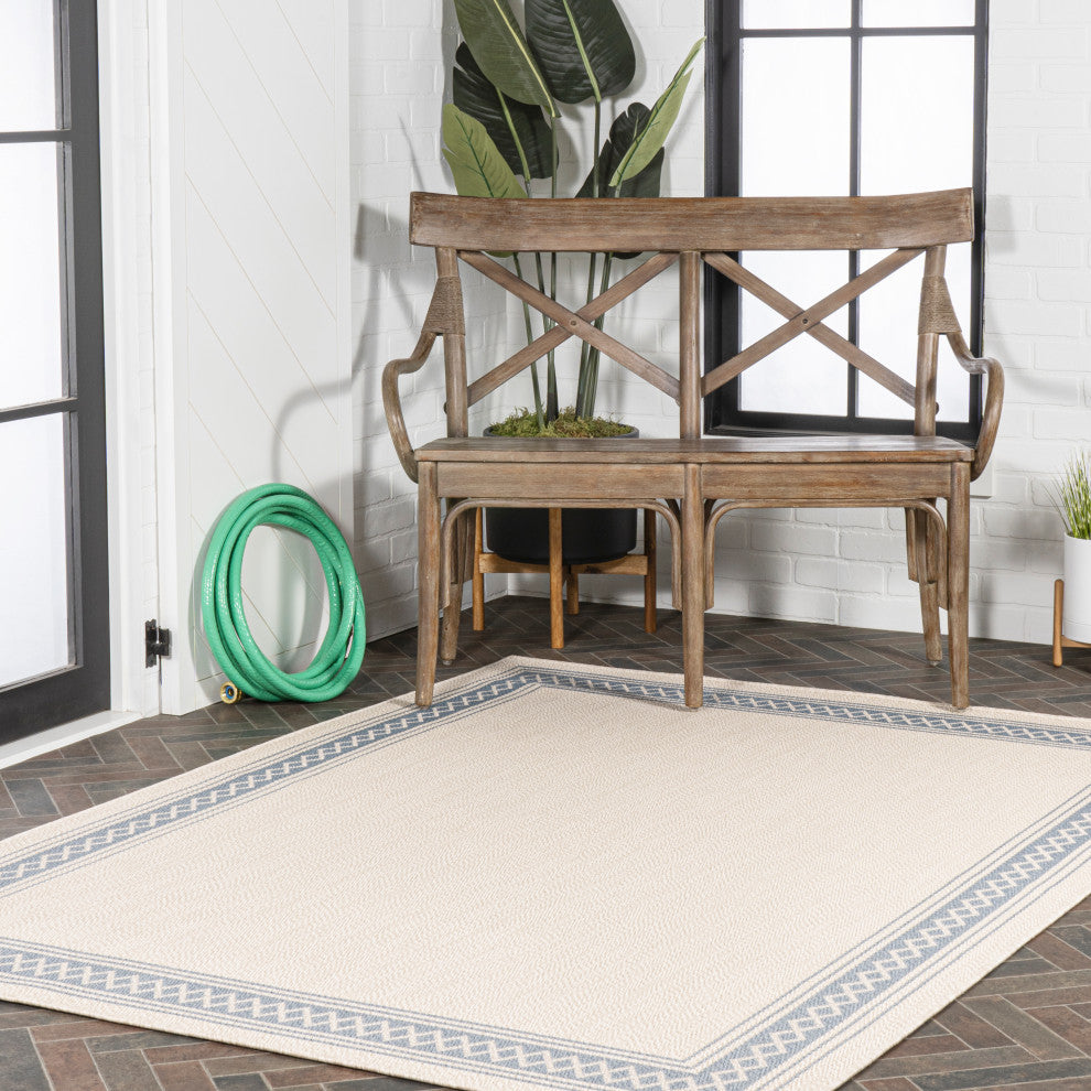 Lucia Classic Diamond Border Indoor/Outdoor Area Rug, Cream/Blue, 8x10