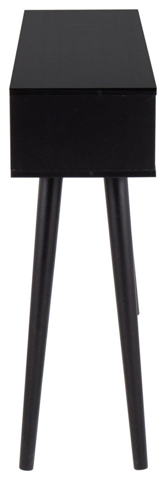 Bora Bora Contemporary Console Table, Black Wood With Rattan Accents