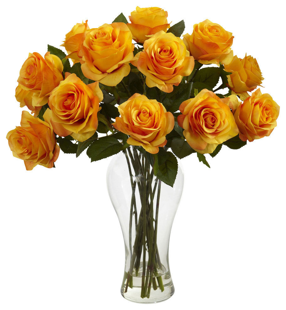 Blooming Roses With Vase, Orange Yellow