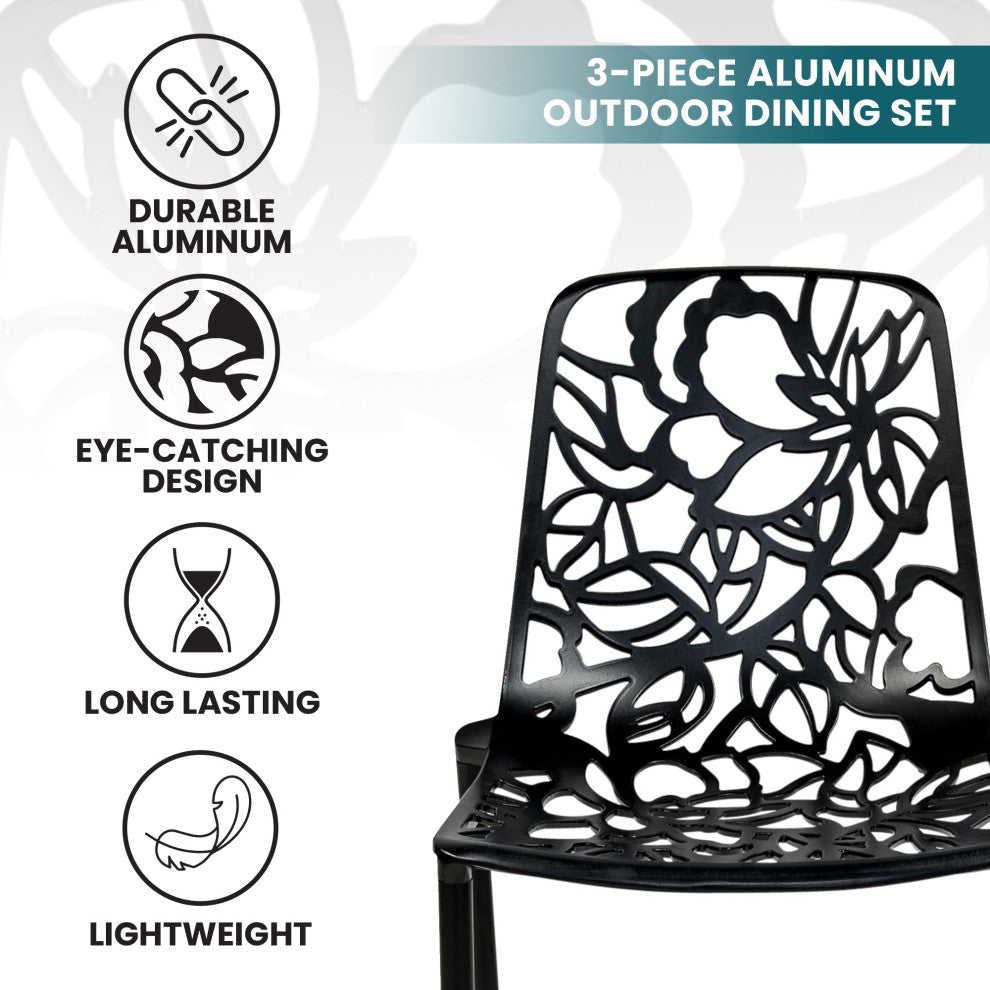 LeisureMod Devon Outdoor Dining Set with Glass Table and 2 Chairs, Black