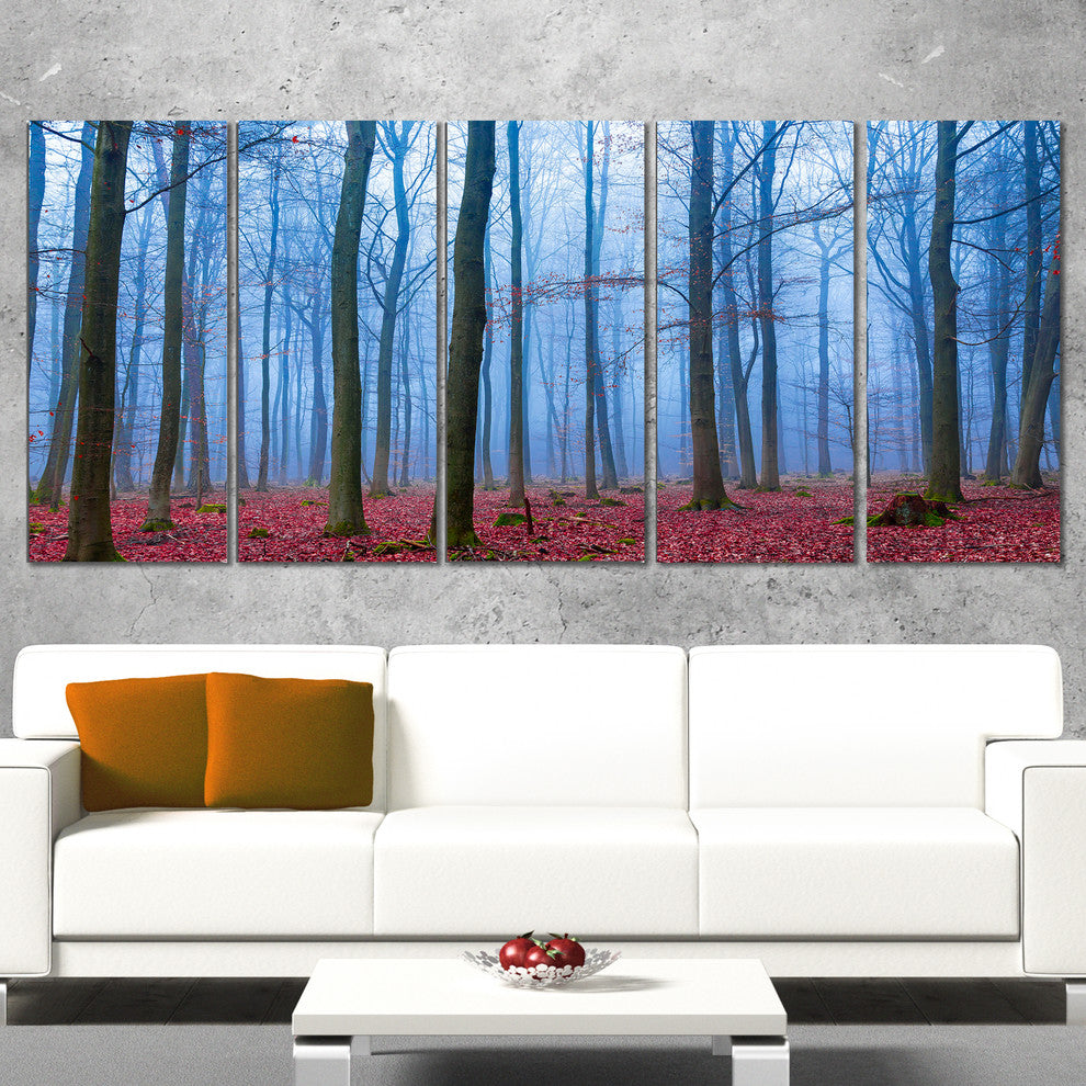 Foggy Forest in Blue and Pink Photo, Modern Forest Canvas Art, 60"x28", 5 Panels