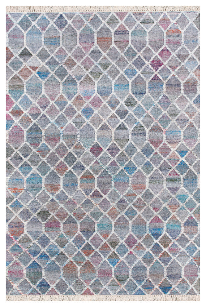 Multicolored Mosaic Lattice Handwoven Wool Dhurrie Area Rug, 7'9" X 9'9"