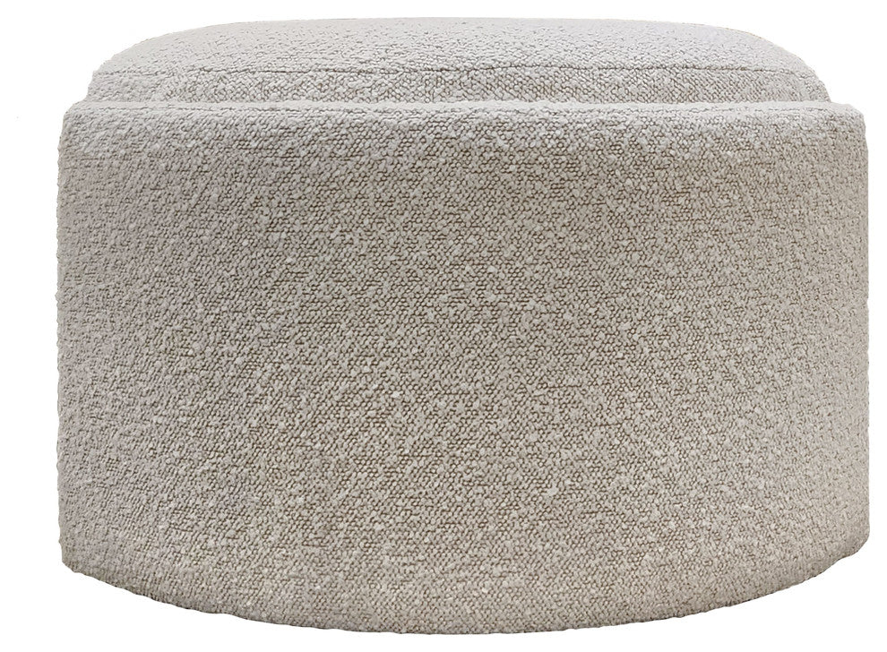 Shawn Boucle Round Ottoman With Round Half-Bezel Foot, Off-White