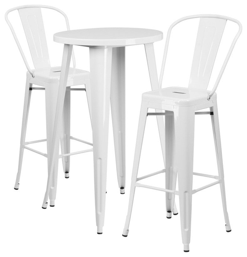 24" Round White Metal Indoor-Outdoor Bar 3-Piece Table Set With 2 Cafe Stools