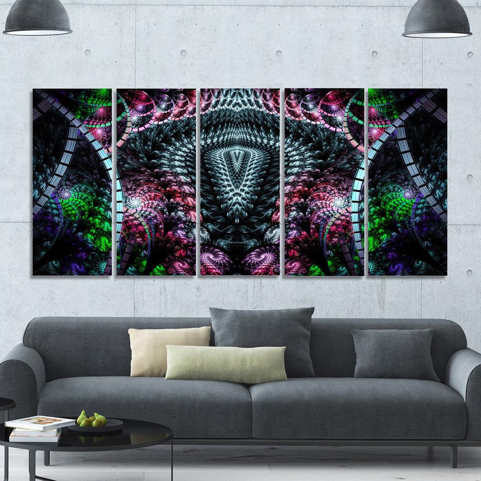 Strange Fractal Design on Black, Abstract Wall Art Canvas, 60"x28", 5 Panels