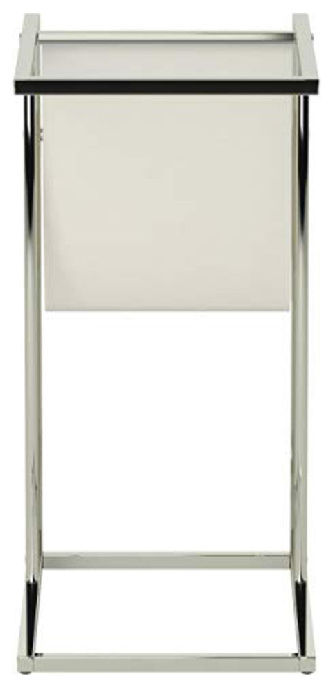 HomeRoots 19.5" x 12" x 24" Chrome Tempered Glass Leather Look Accent Table