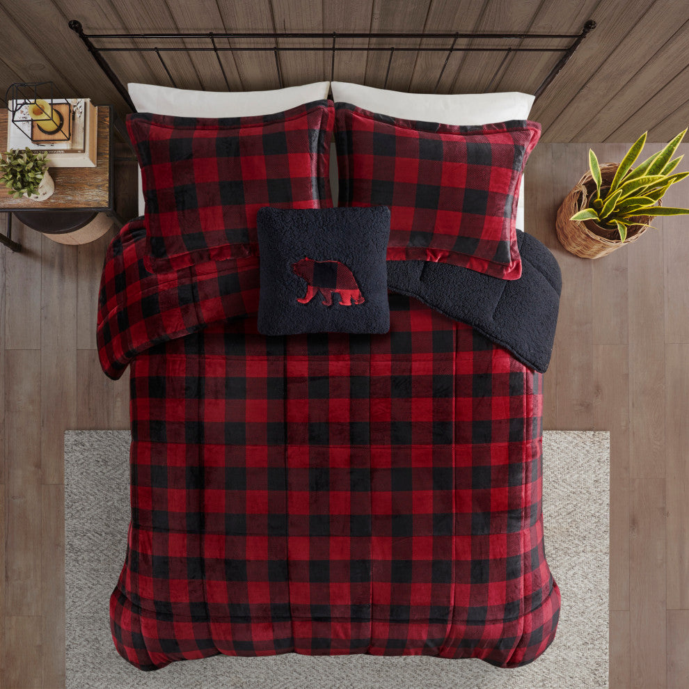 Woolrich Alton Plush to Sherpa Winter Comforter Set, Red Buffalo Check, King