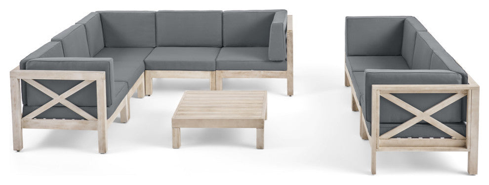 Arnold Outdoor Acacia Wood 8 Seater Sectional Sofa Set With Coffee Table