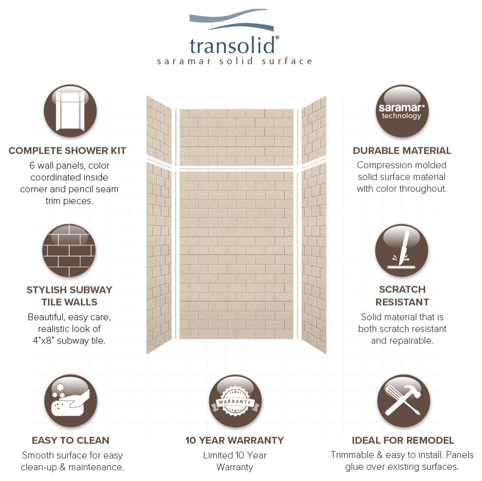 Transolid SaraMar 48"x36"x96" 6-Piece Shower Wall Kit with Extension, Cashew