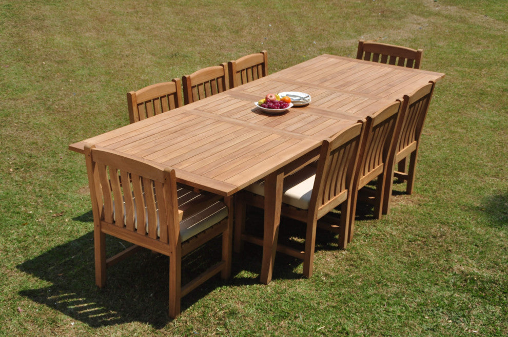 9-Piece Outdoor Teak Set: 122" X-Large Rectangle Extension Table, 8 Devon Chairs