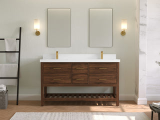 Parker Teak 60" Double Sink Vanity, Dark Walnut Teak, 60" Double, 2" White Quartz