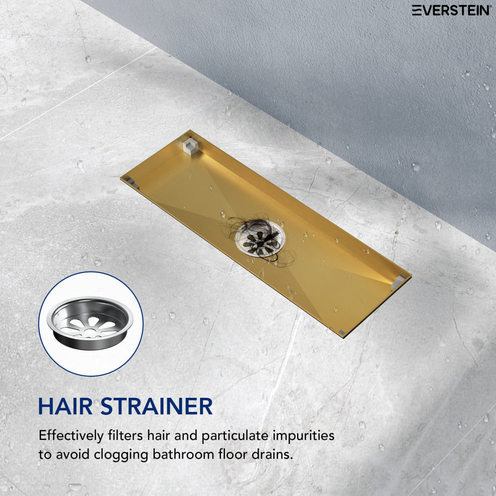 Linear Shower Drain with Hair Strainer and Reversible Tile Insert Cover, Brushed Gold