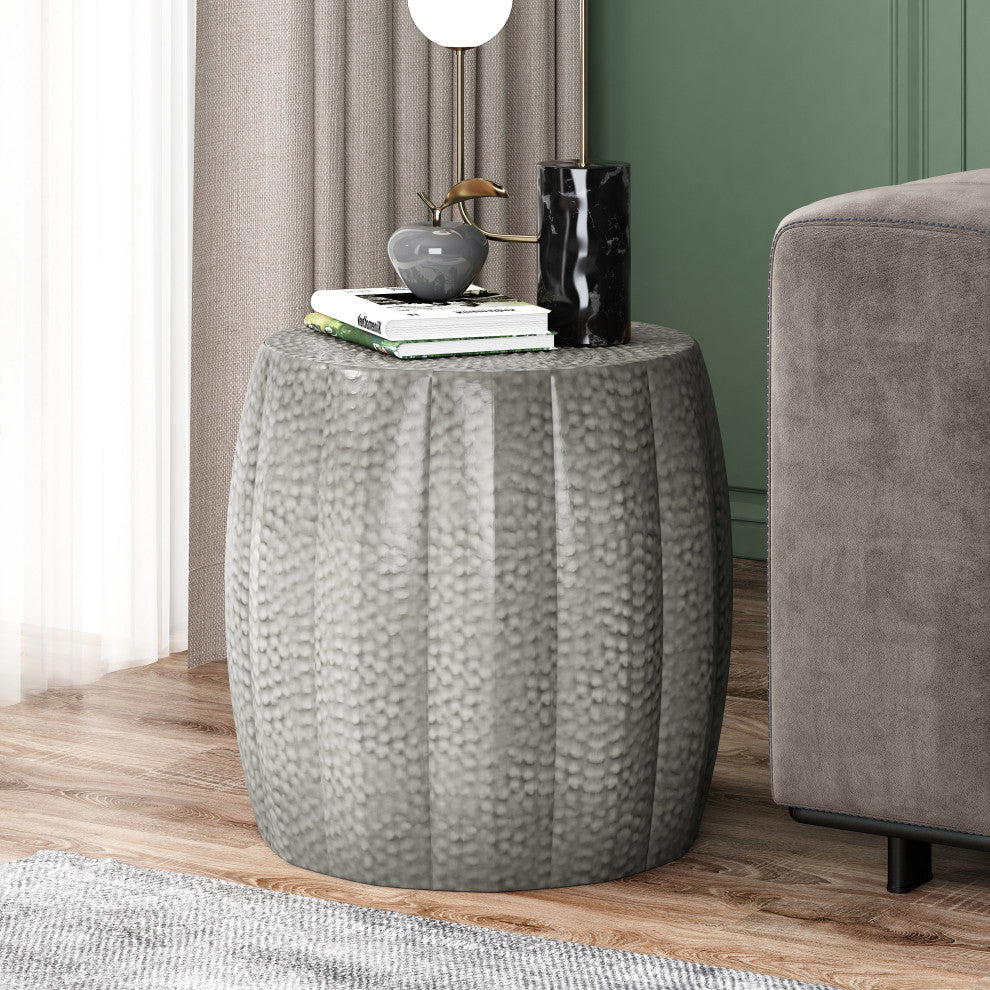 Craigue Modern Iron Mandala Pumpkin Side Table, Brushed Antique Silver