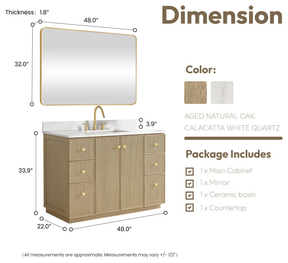 Oza Bath Vanity with Quartz Stone Top, Aged Natural Oak, 48", Single Vanity, With Mirror