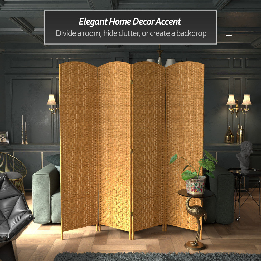 7' Tall Diamond Weave Room Divider, Light Beige, 4 Panels