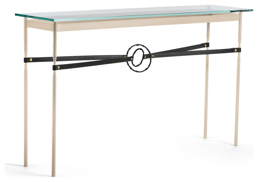 Equus Console Table, Soft Gold Finish - Black Accents - Black Leather Strap