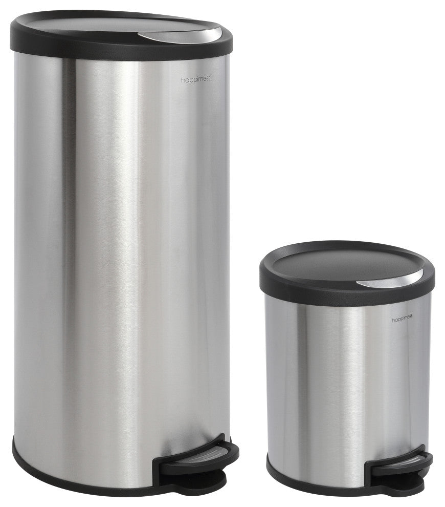 Happimess Oscar 30L and 5L Step-Open Trash Can, Stainless Steel and Black
