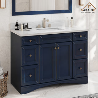 Solid Wood Bath Vanity in Navyblue with White Natural Marble Top and Mirror, 48in