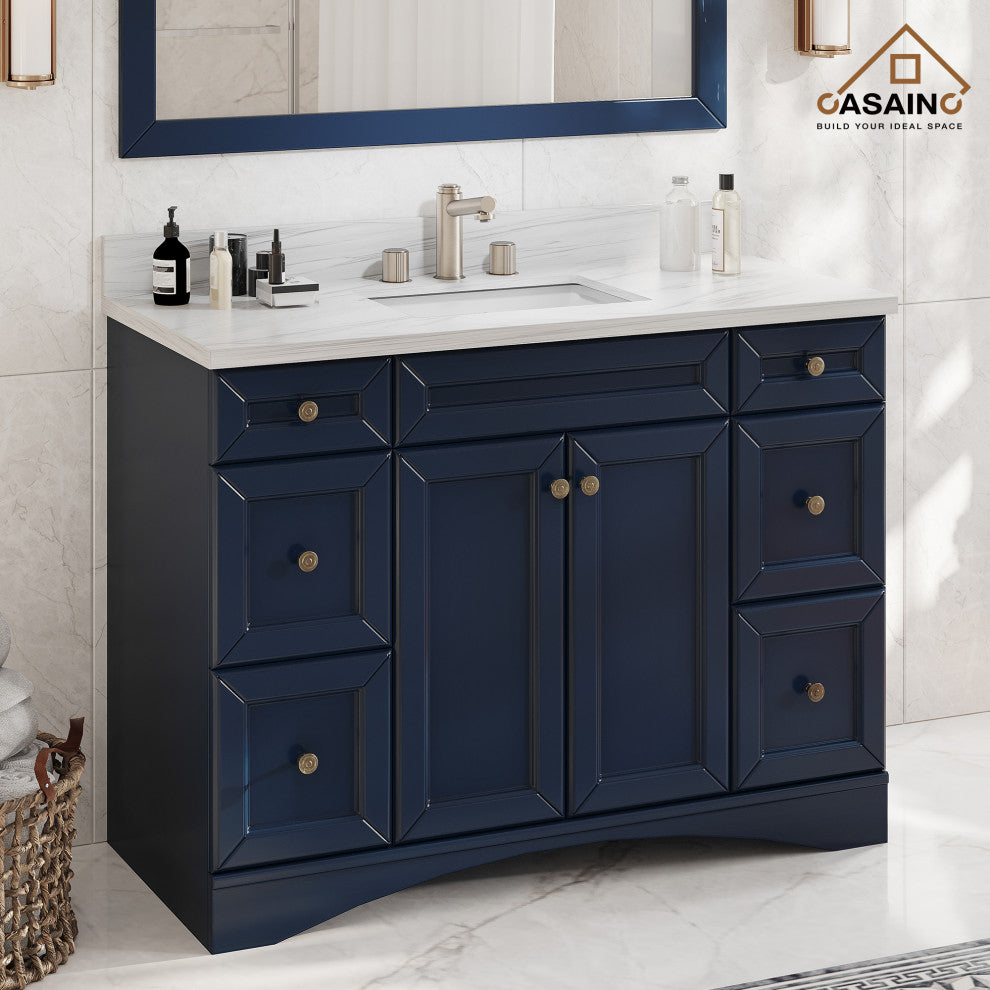 Solid Wood Bath Vanity in Navyblue with White Natural Marble Top and Mirror, 48in