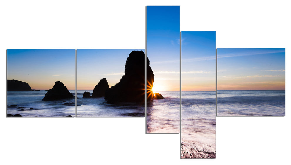 Sunset at Rodeo Beach Panorama, Seashore Canvas Art Print, 60"x32", 5 panels