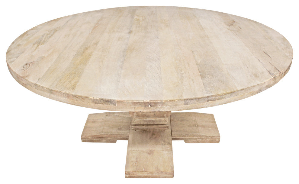 Benedict 70" Round Dining Table, Solid Mango Wood With White Wash