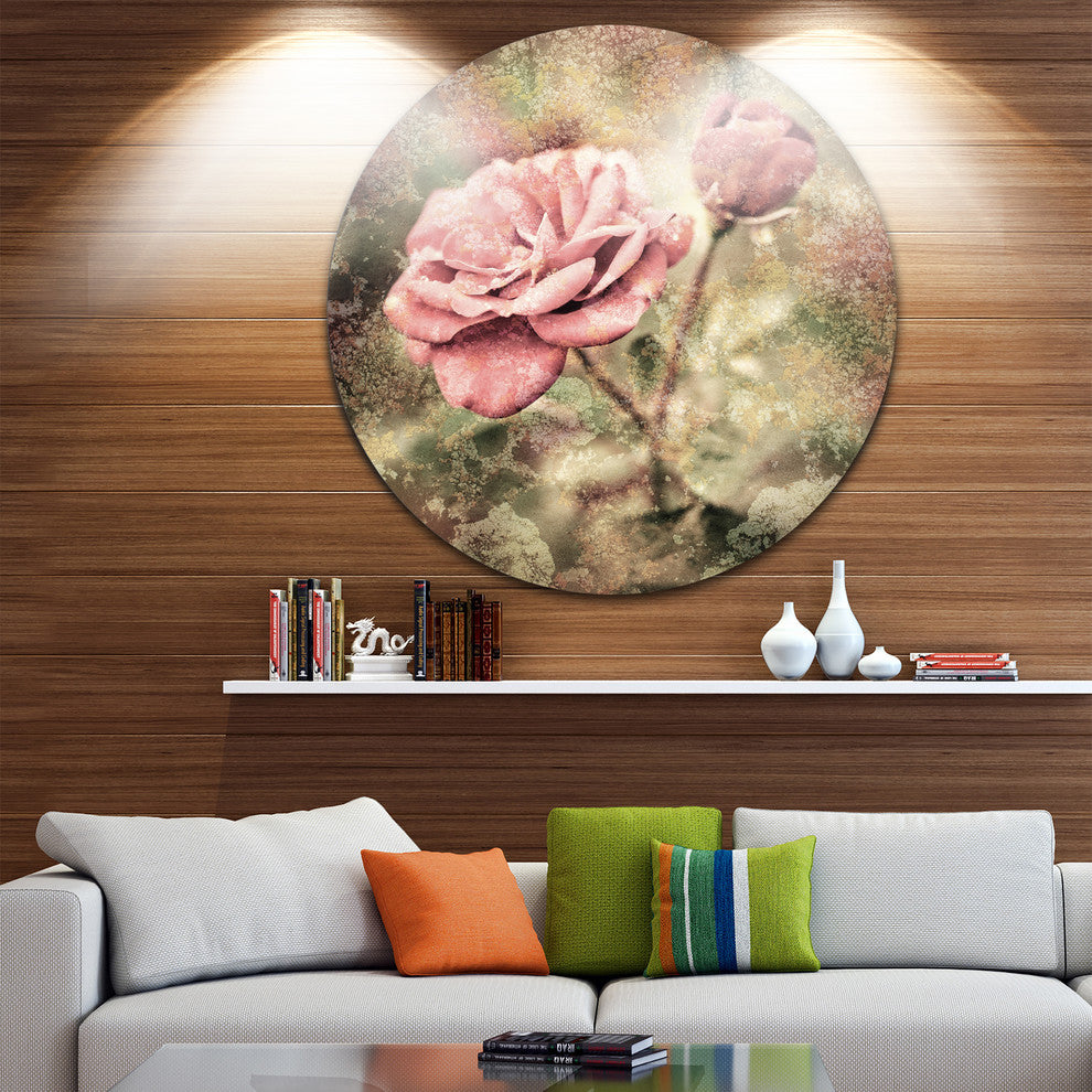 Vintage Pink Roses With Water Drops, Floral Round Wall Art, 23"